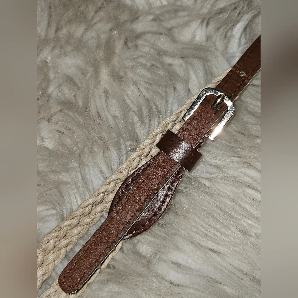 Braided Rope Belt w/ Brown Faux Leather Buckle Detail 33.5
